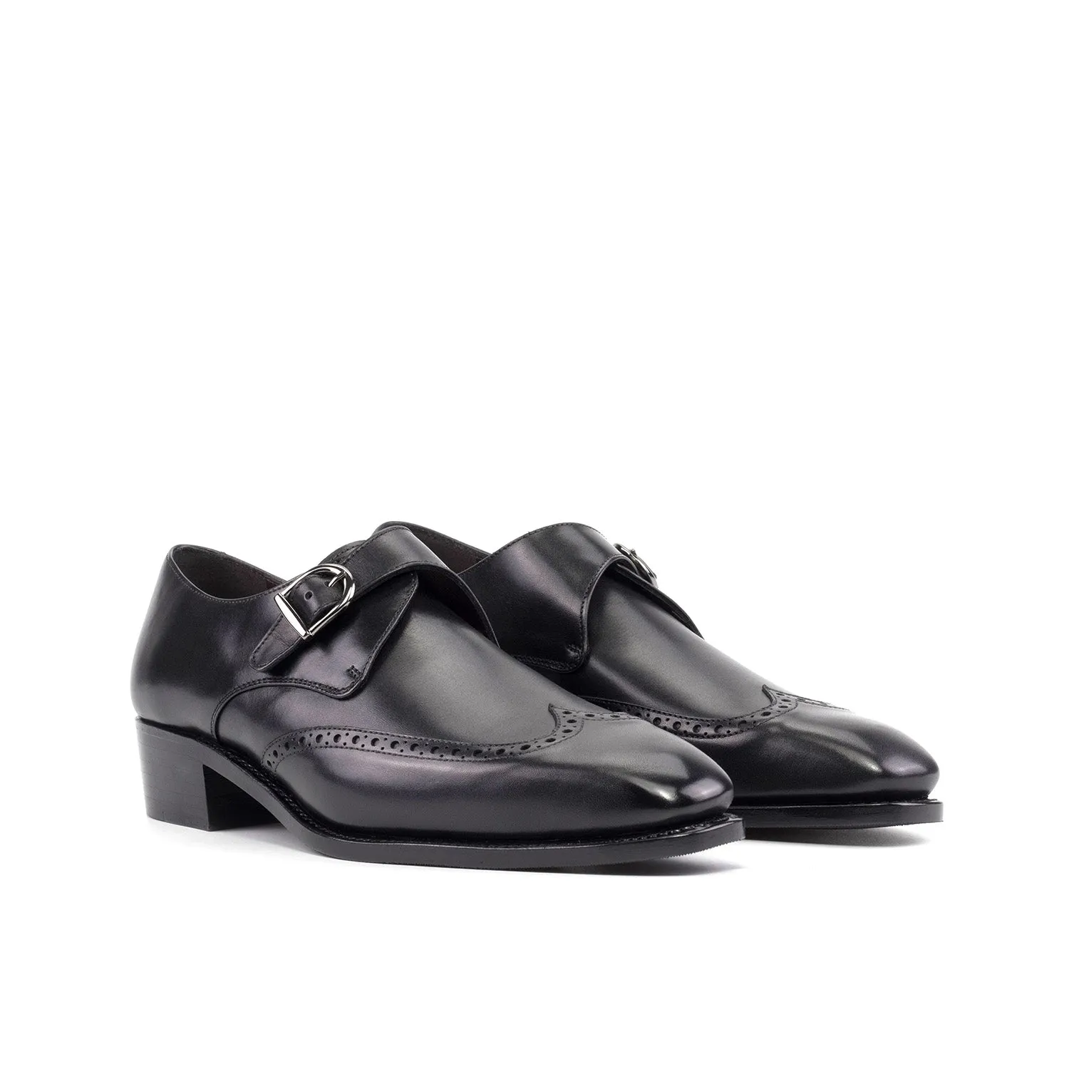 Ambrogio Bespoke Men's Shoes Black Calf-Skin Leather Single Monk-Strap Loafers (AMB2524)