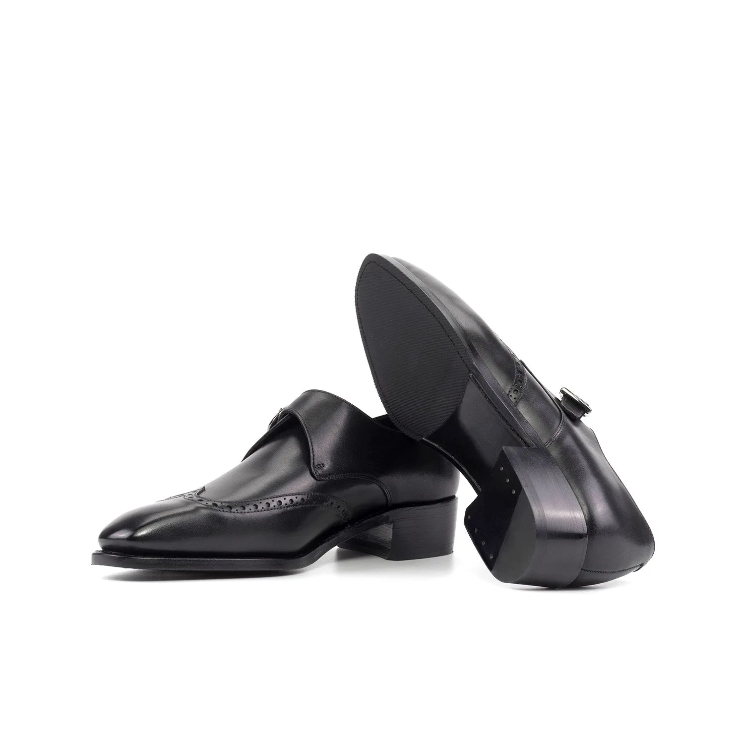 Ambrogio Bespoke Men's Shoes Black Calf-Skin Leather Single Monk-Strap Loafers (AMB2524)