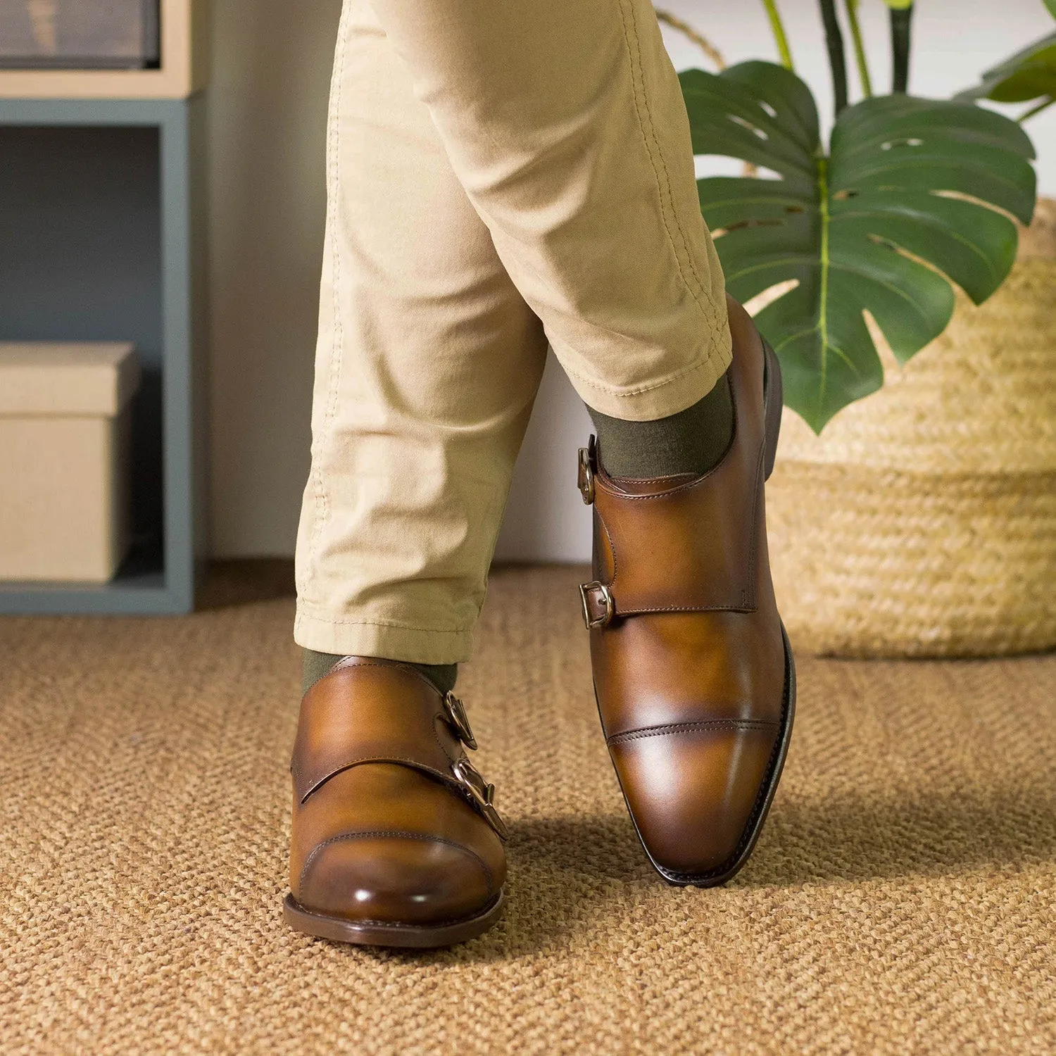 Ambrogio Bespoke Men's Shoes Brown Calf-Skin Leather Double Monk-Straps Loafers (AMB2528)