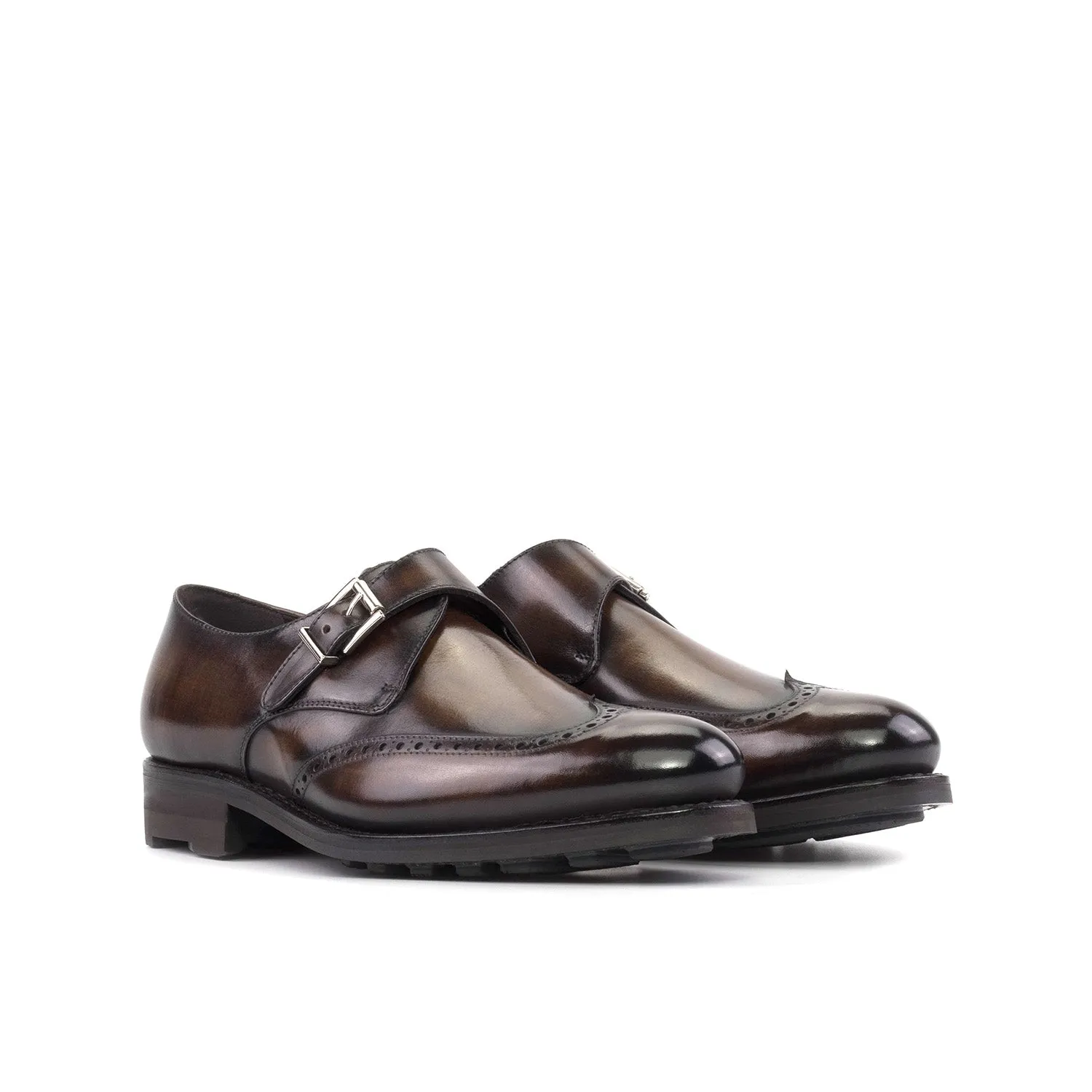 Ambrogio Bespoke Men's Shoes Brown Patina Leather Single Monk-Strap Loafers (AMB2527)