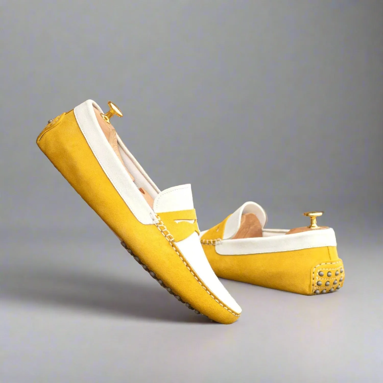 Ambrogio Luxury Men's Shoes White & Yellow Suede Leather Driver Loafers (AMB2542)