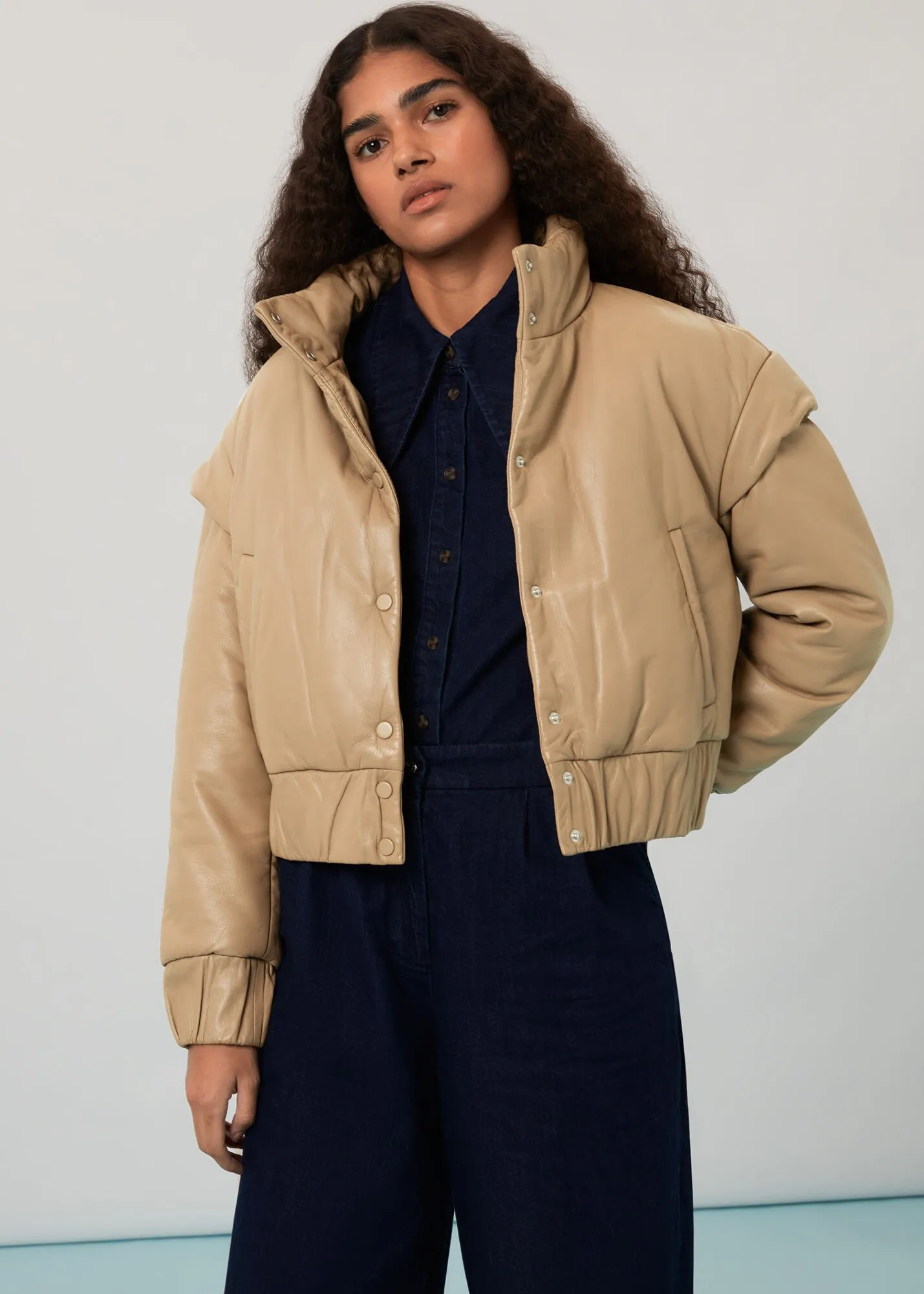 Beige Finn Leather Puffer Jacket