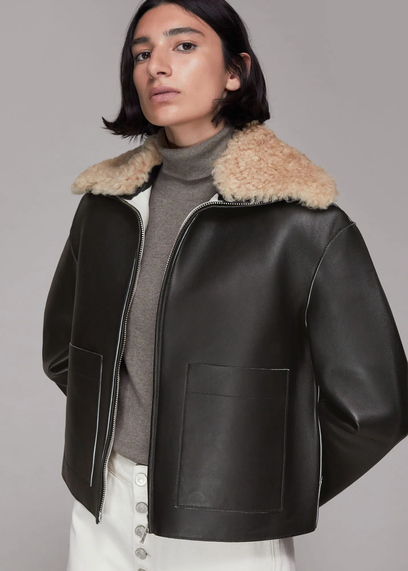 Black Bonded Shearling Collar Jacket