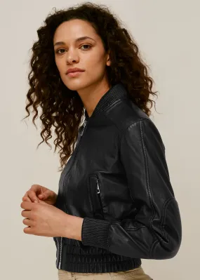 Black Cropped Leather Bomber Jacket