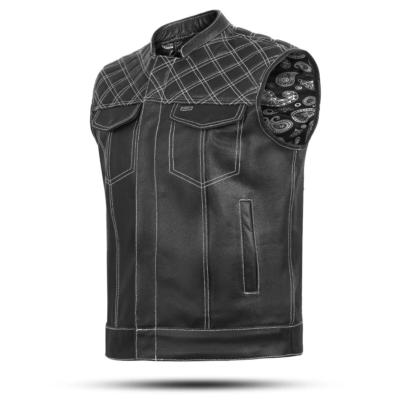 Black Leather Diamond Stitch Motorcycle Vest