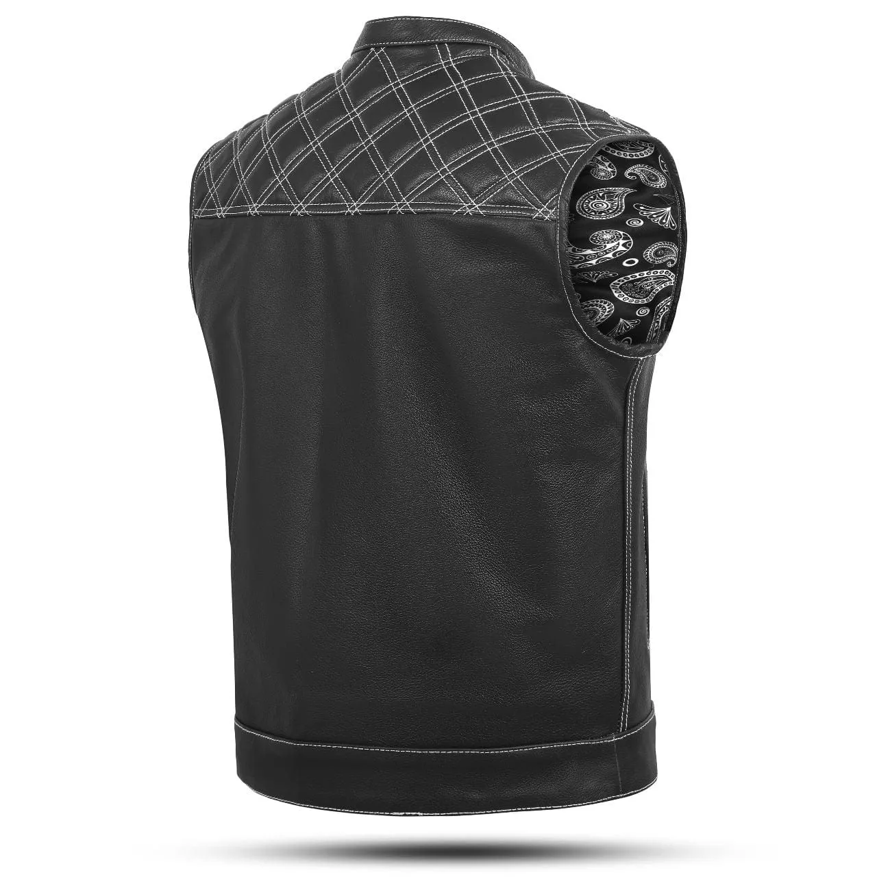 Black Leather Diamond Stitch Motorcycle Vest