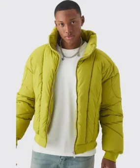 boohooMAN Mens Boxy Abstract Quilted Funnel Neck Puffer In Lime