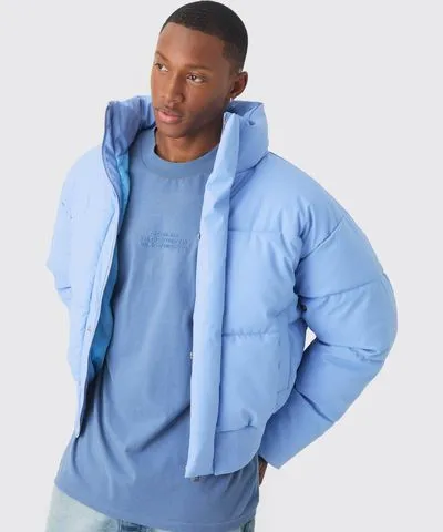 boohooMAN Mens Boxy Matte Pu Funnel Neck Puffer In Blue