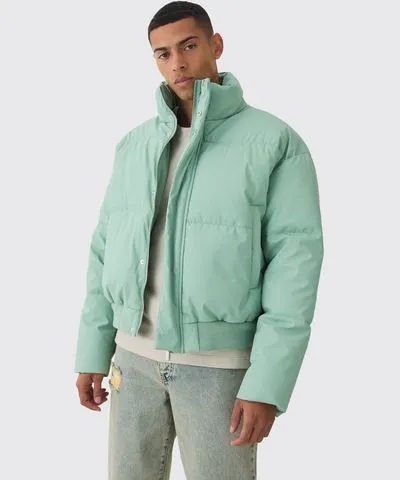 boohooMAN Mens Matte PU Funnel Neck Puffer In Sage