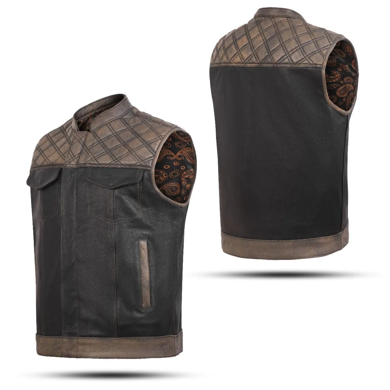 Brown Leather Diamond Stitch Motorcycle Vest