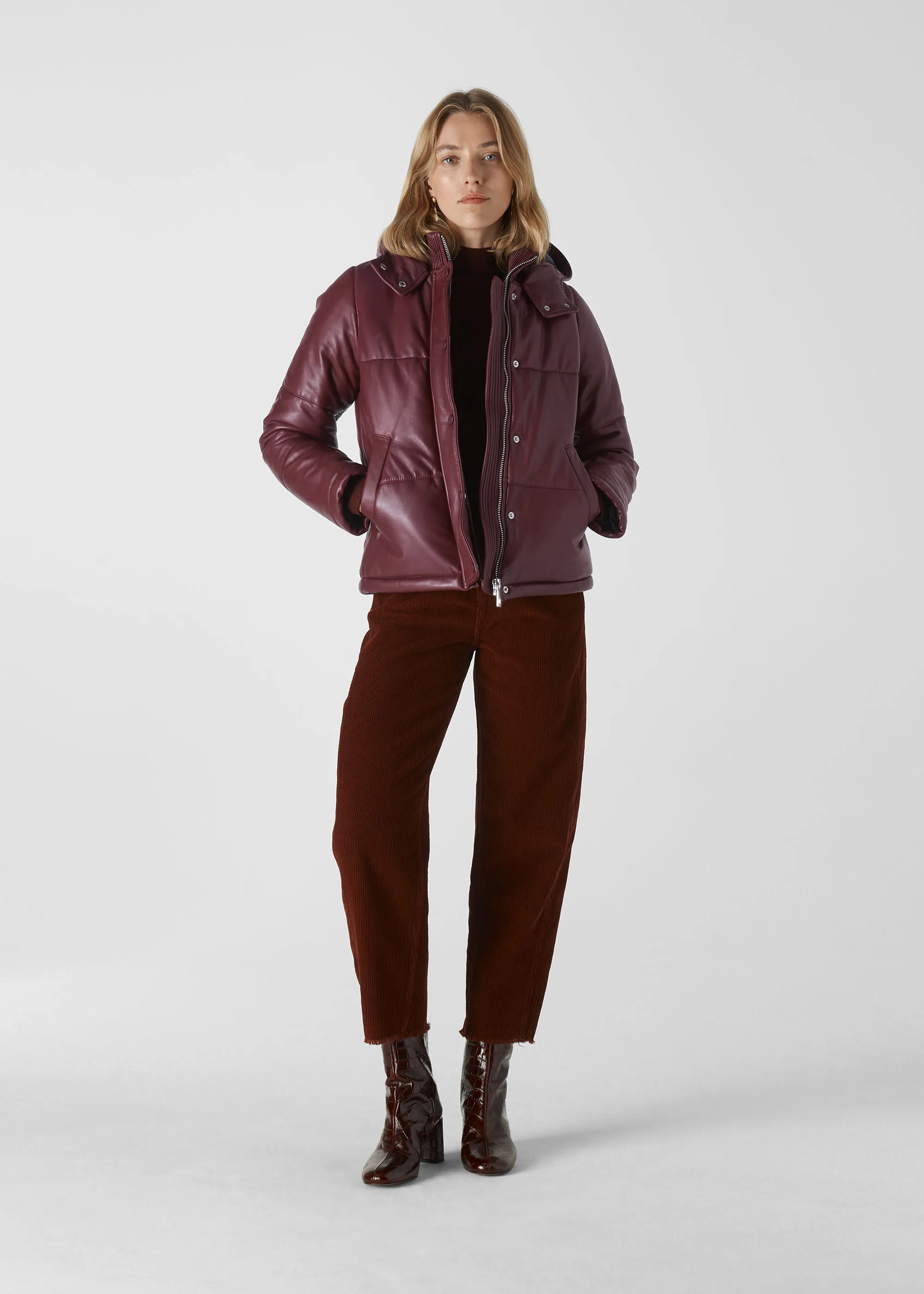 Burgundy Leather Puffer Jacket