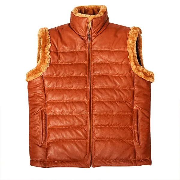 Cognac Sherpa Leather Vest Mens