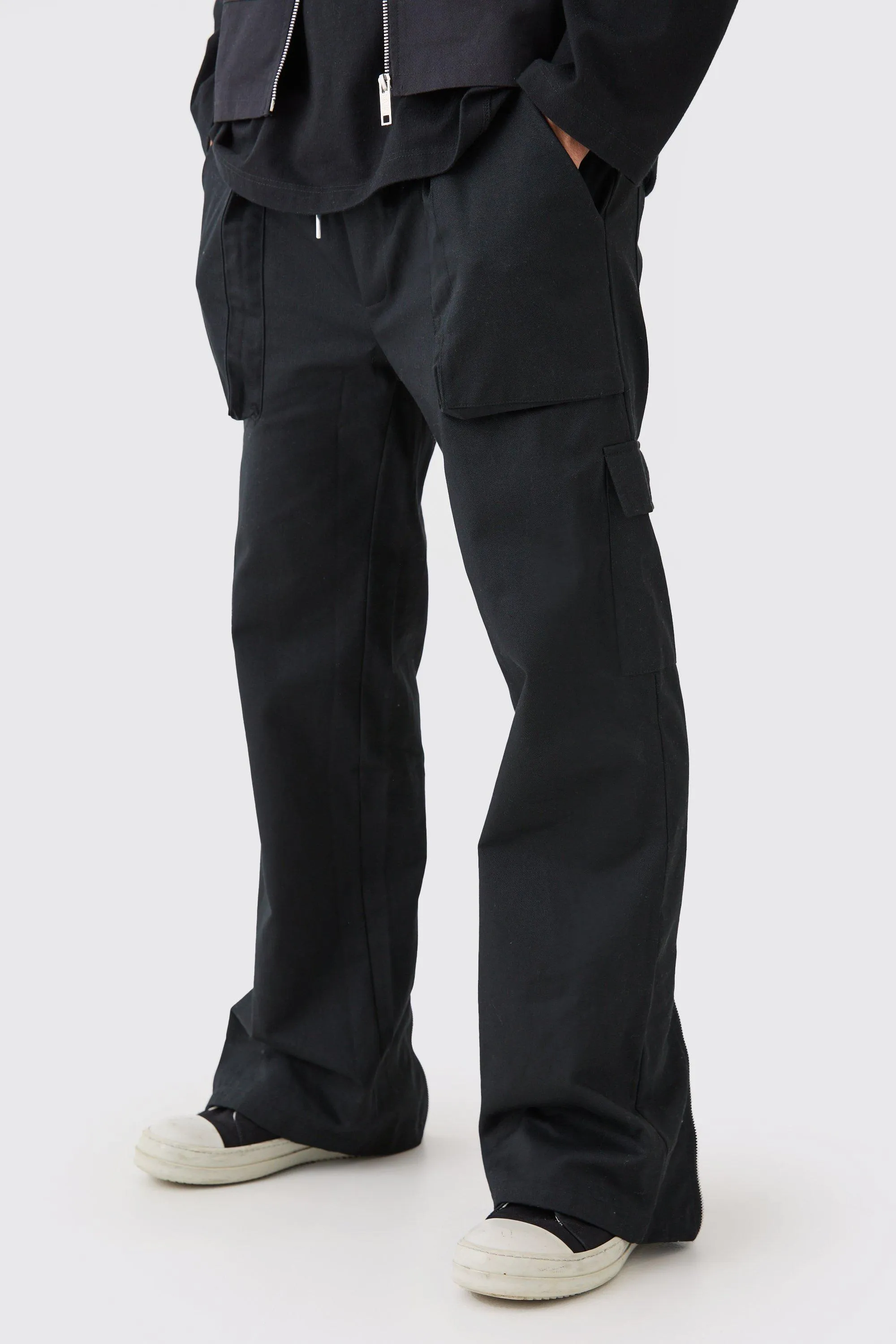 Elasticated Waist Zip Hem Flared Cargo Pants