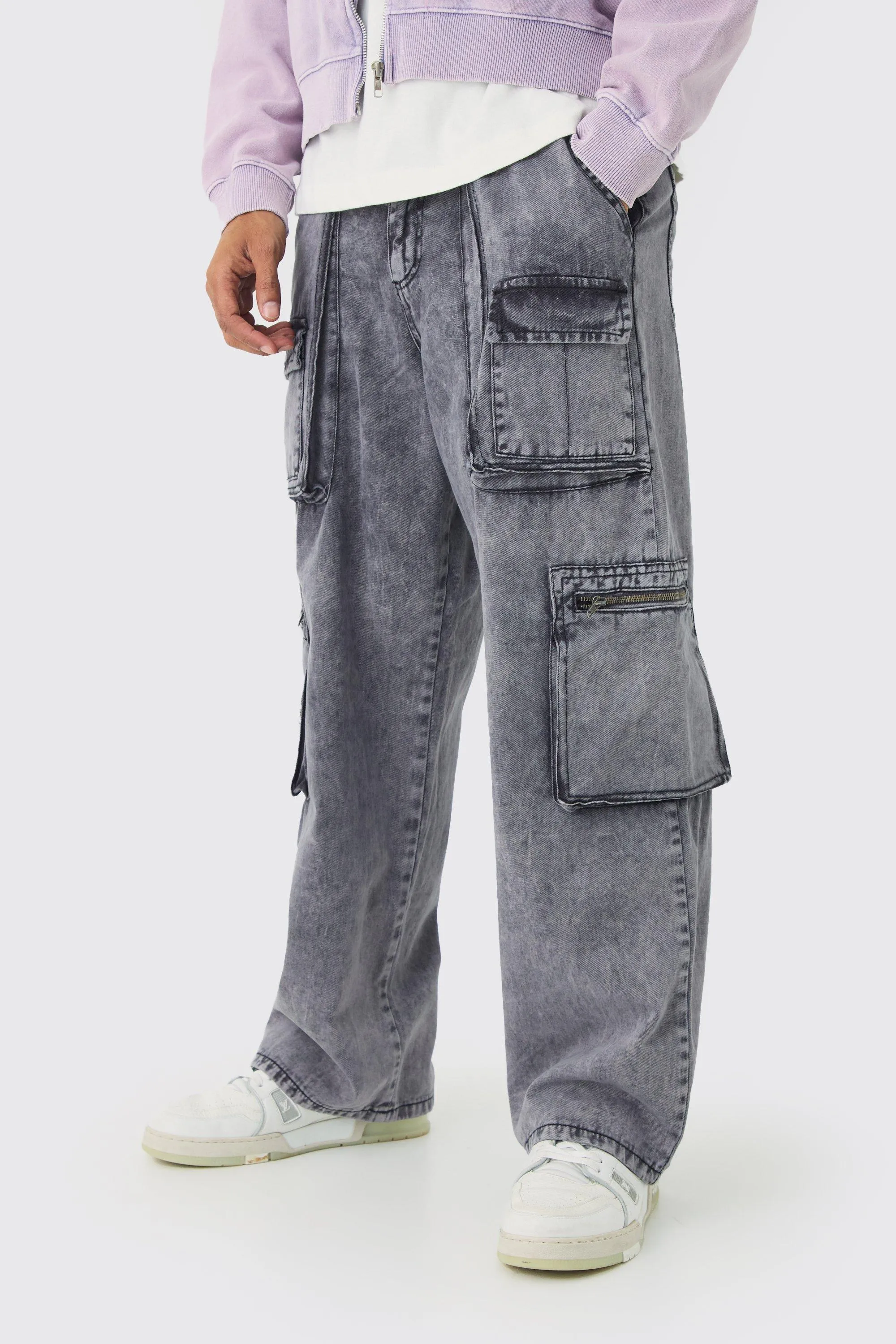 Fixed Waist Acid Washed Baggy Cargo Pants