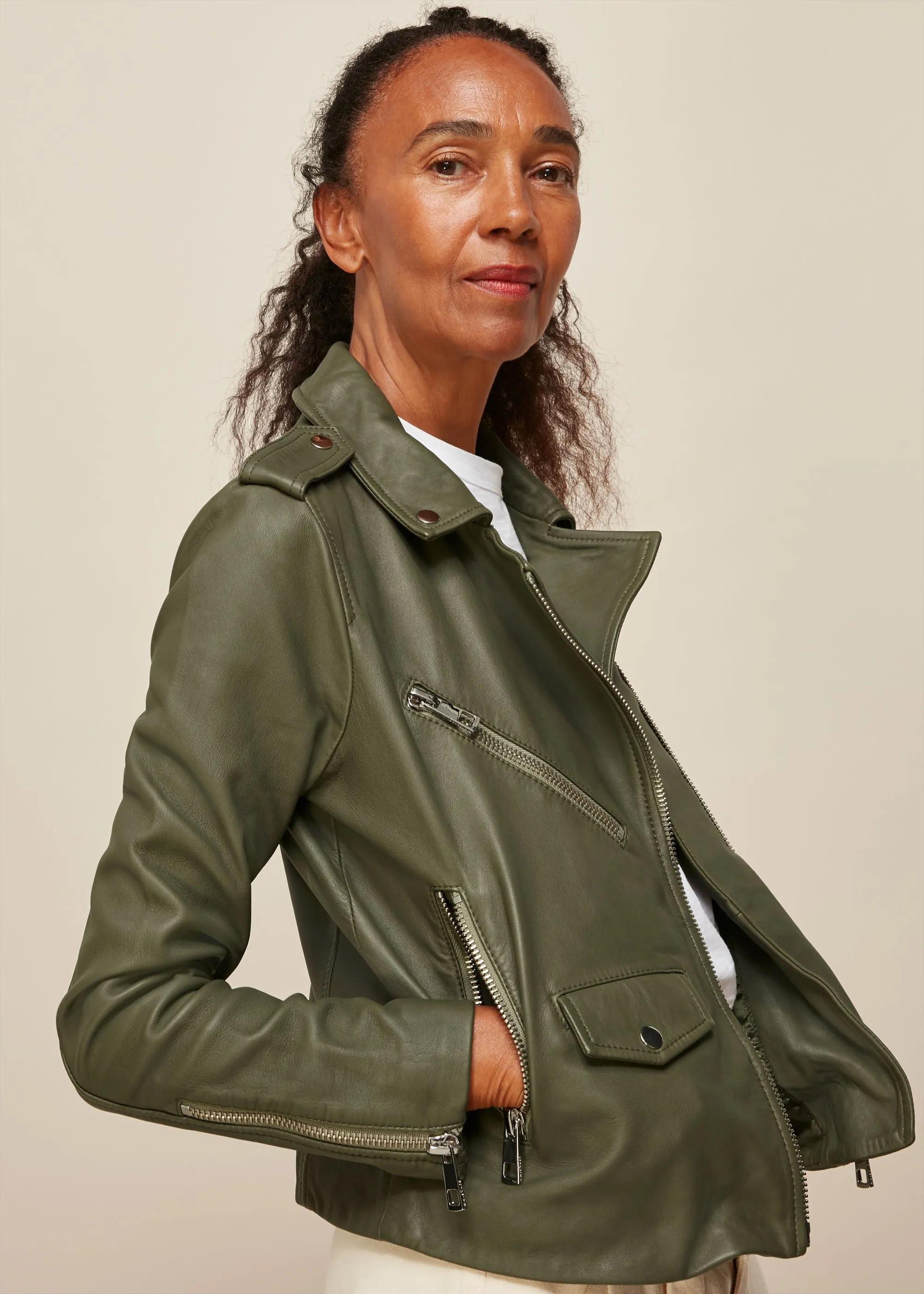 Khaki Agnes Pocket Leather Jacket