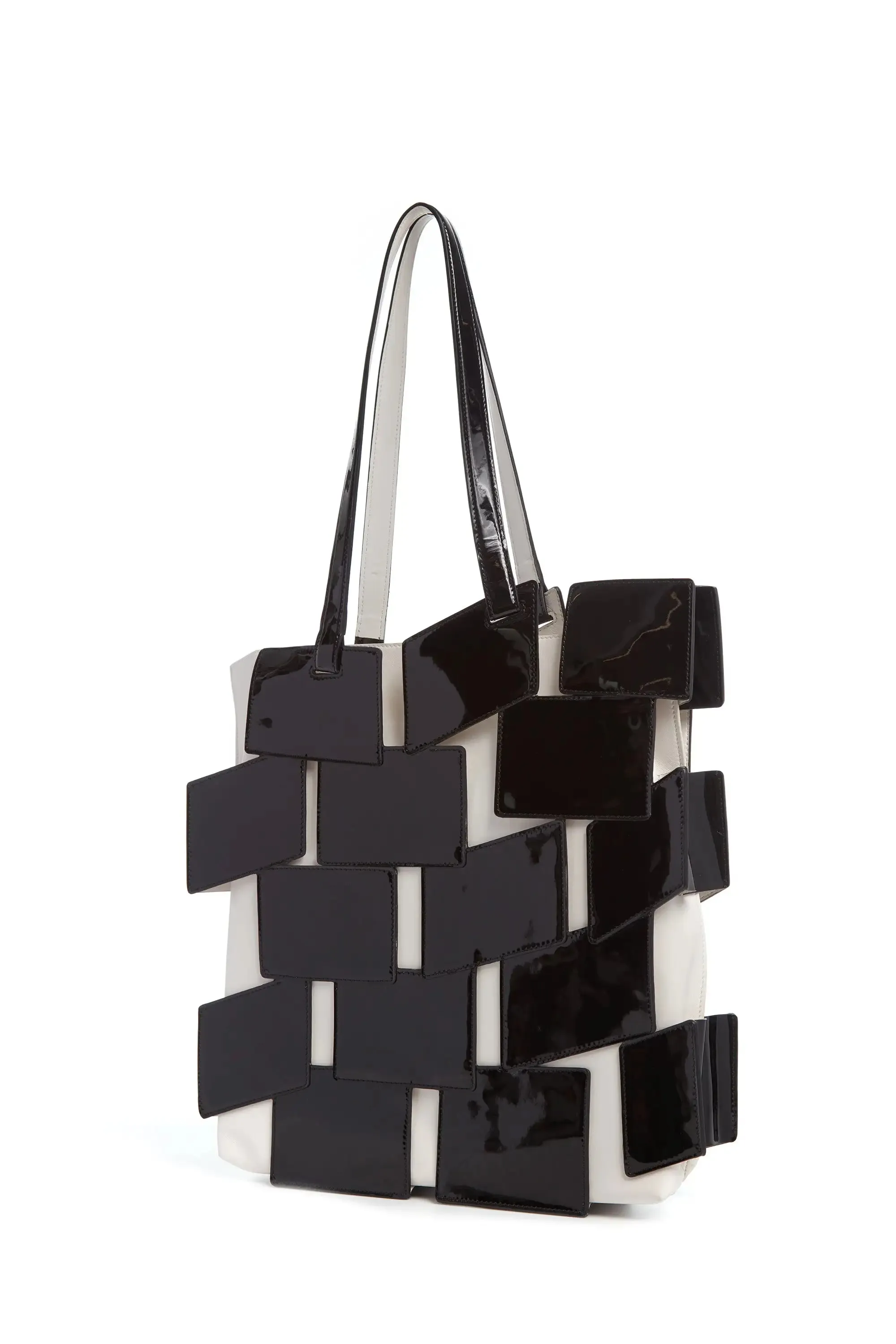 Lacquered Tote Bag in Black & Ivory Patchwork Leather