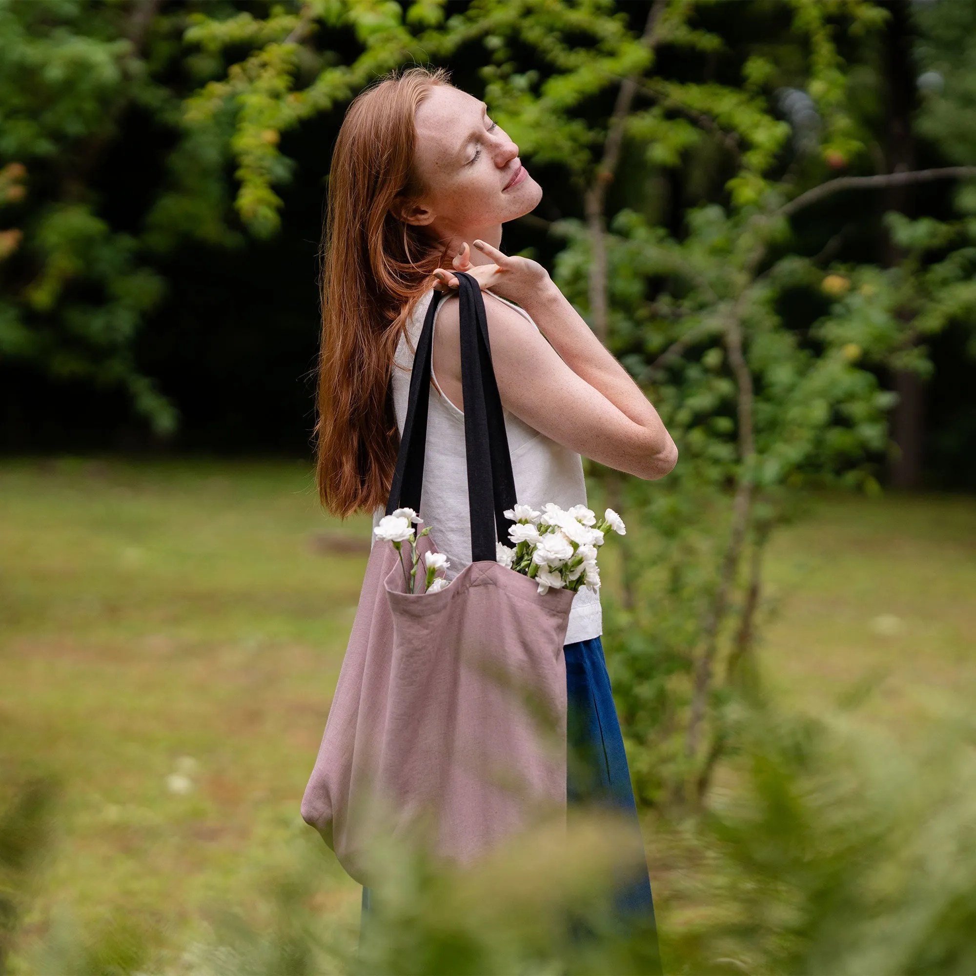 Linen Tote Bag with Black Handles