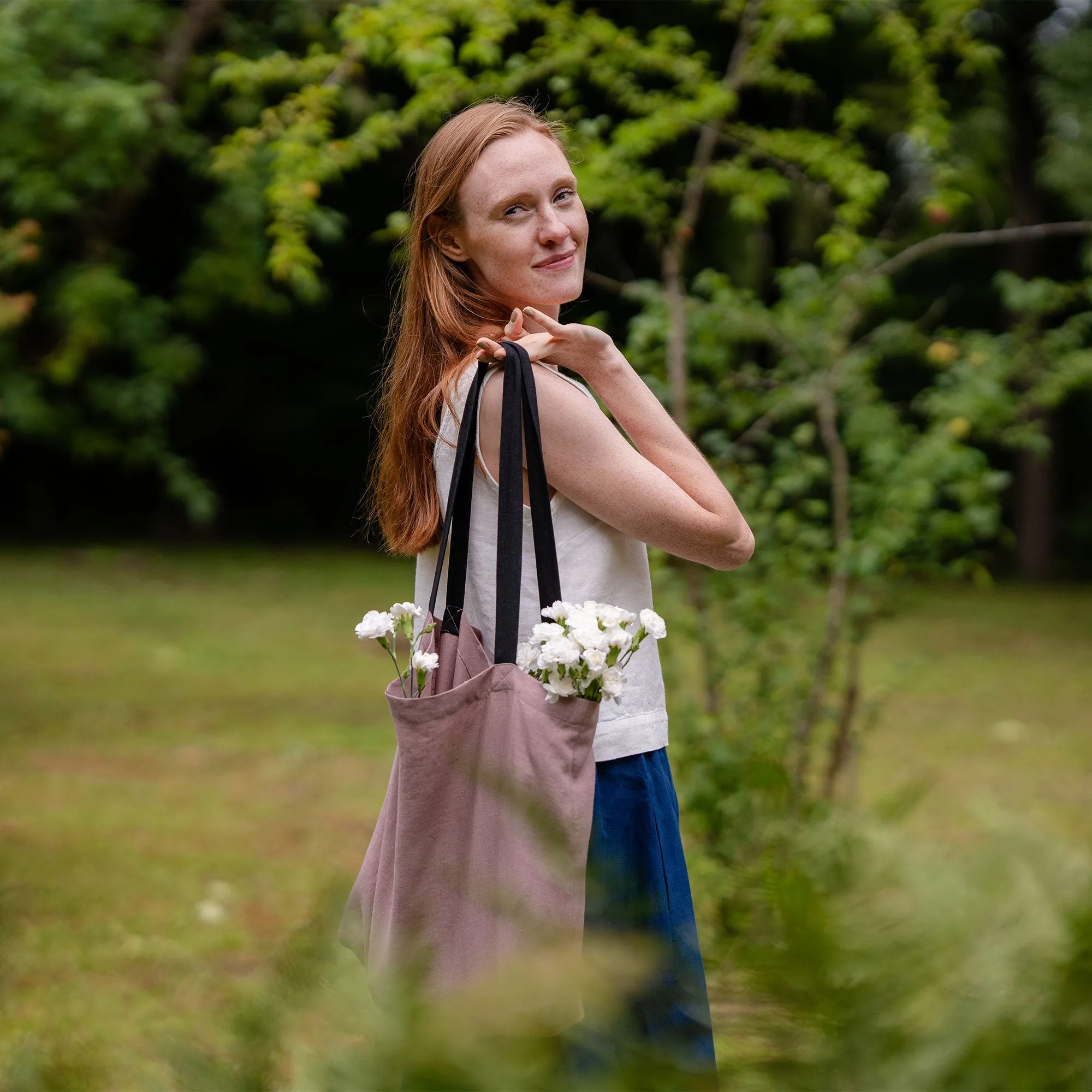 Linen Tote Bag with Black Handles