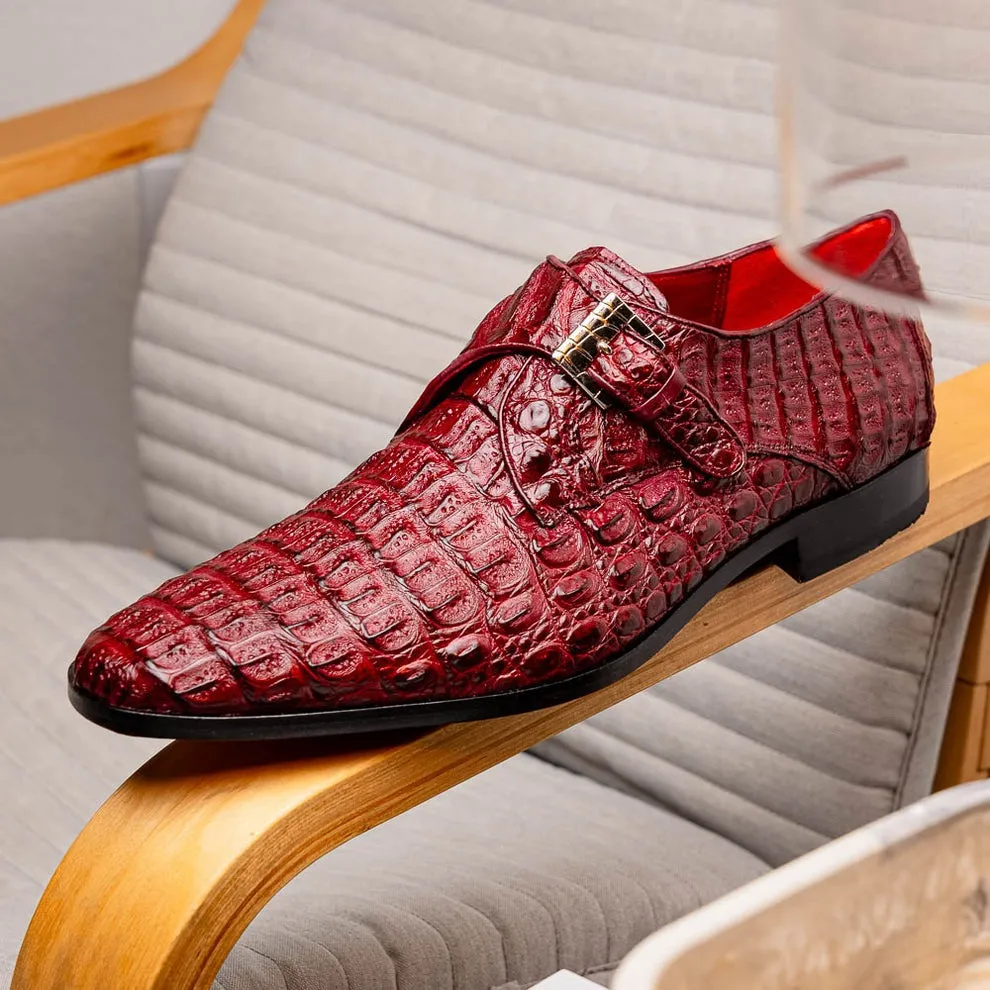 Marco Di Milano Rovigo Men's Shoes Wine Exotic Crocodile Skin Single Monk-Strap Loafers (MDM1000)