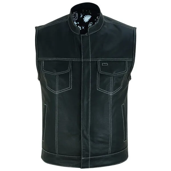 Men's Black Leather Motorcycle Vest With Paisley Lining