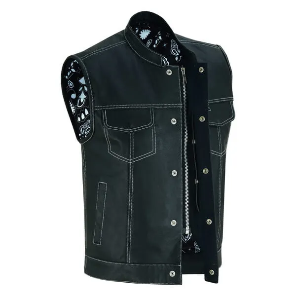 Men's Black Leather Motorcycle Vest With Paisley Lining