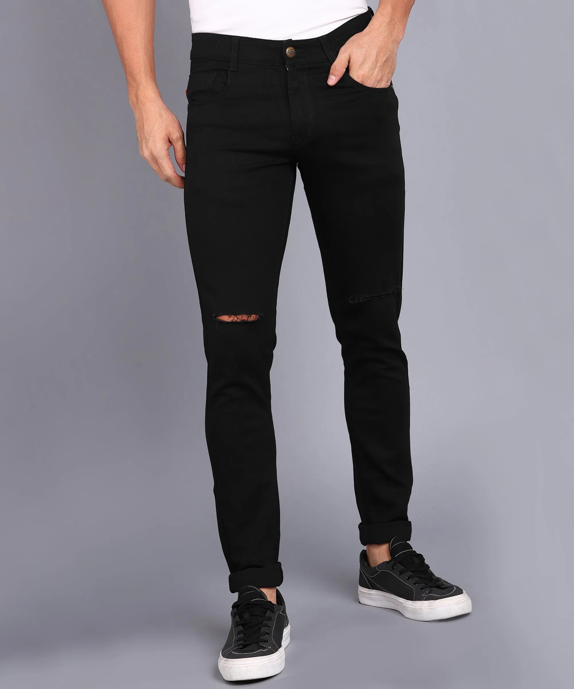 Men's Black Slim Fit Knee Slit Stretchable Jeans