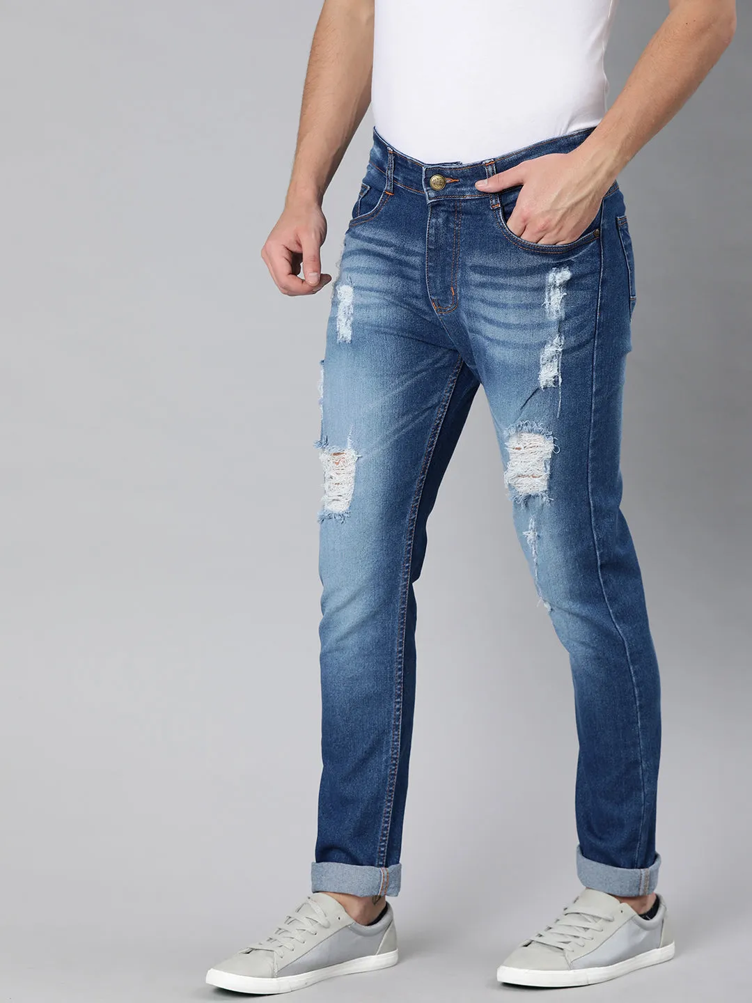 Men's Blue Slim Fit Heavy Distressed/Torn Jeans