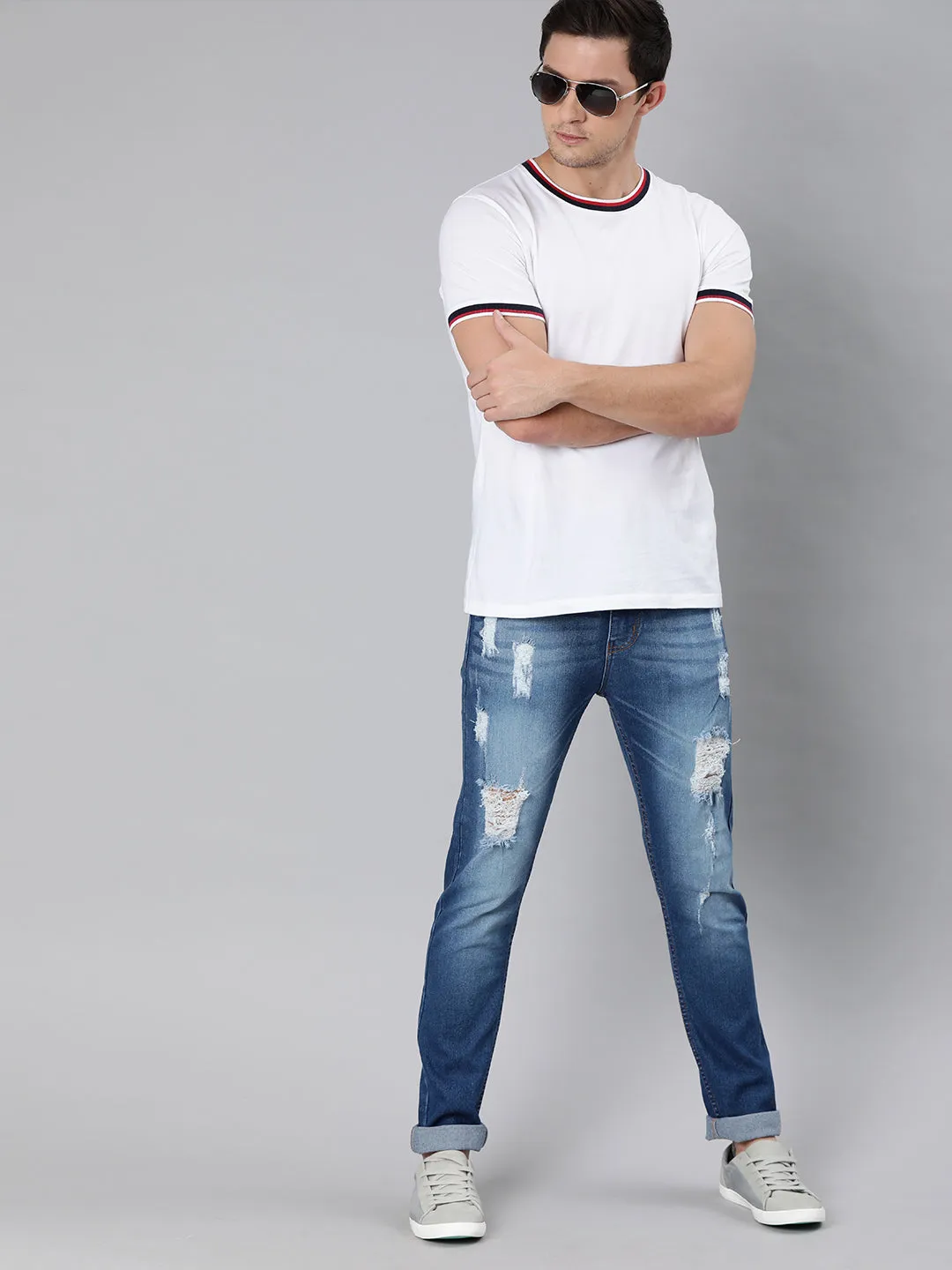 Men's Blue Slim Fit Heavy Distressed/Torn Jeans