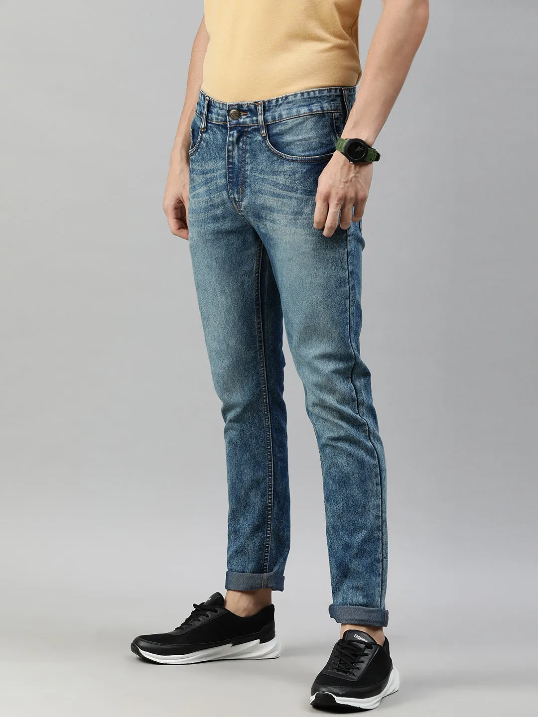 Men's Blue Slim Fit Whisker Washed Jeans Stretchable