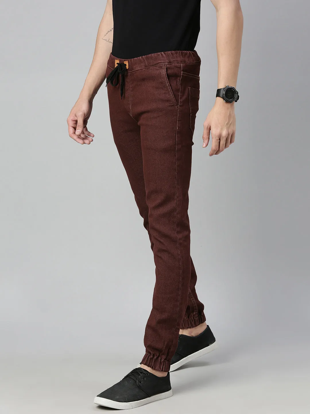 Men's Brown Slim Fit Washed Jogger Jeans Stretchable