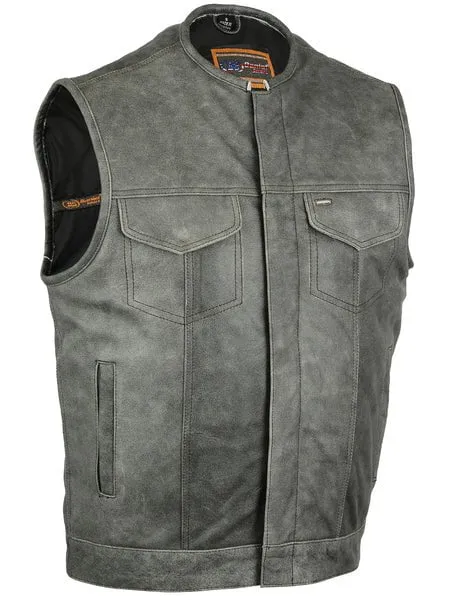 Men's Gray Concealed Carry Leather Biker Vest w/o Collar