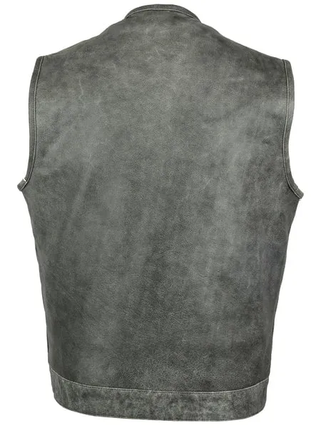 Men's Gray Concealed Carry Leather Biker Vest w/o Collar