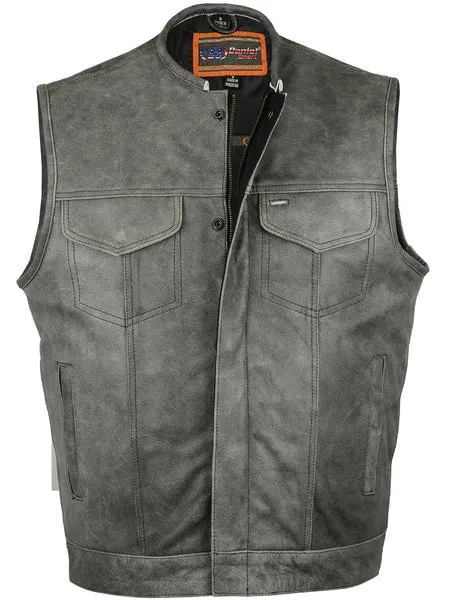 Men's Gray Concealed Carry Leather Biker Vest w/o Collar