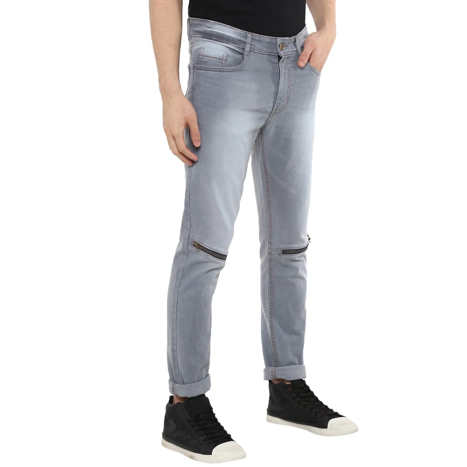 Men's Grey Slim Fit Zippered Jeans Stretch