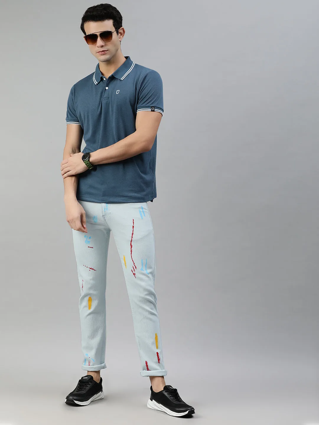 Men's Ice Blue Slim Fit Washed Splatter Printed Jeans Stretchable