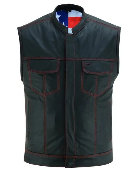 Men's Leather Biker SOA Vest W/ USA Flag Lining