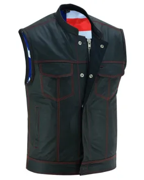 Men's Leather Biker SOA Vest W/ USA Flag Lining