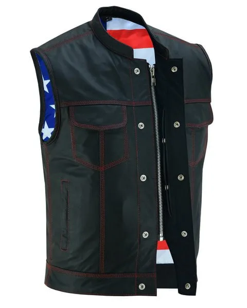 Men's Leather Biker SOA Vest W/ USA Flag Lining