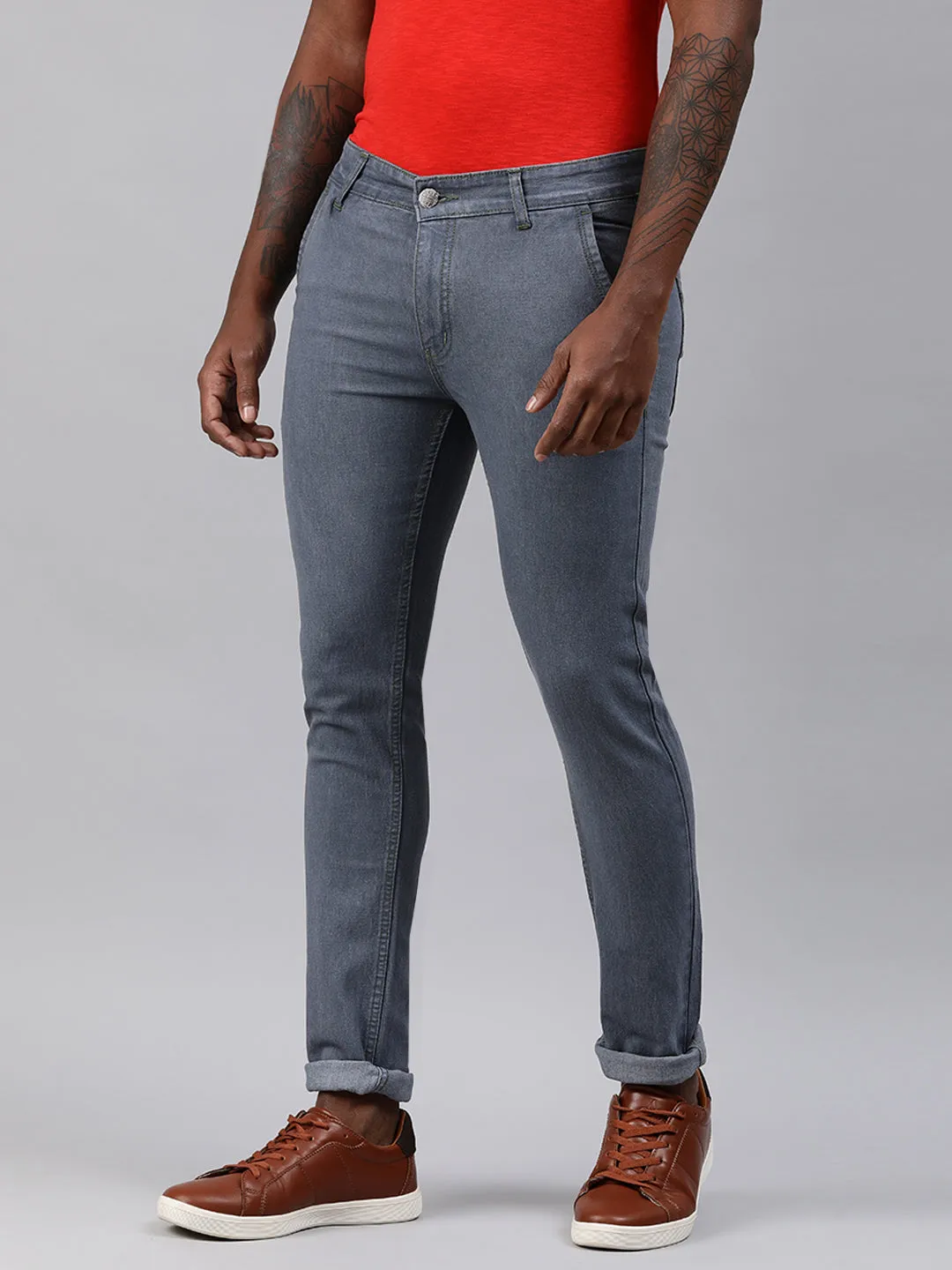 Men's Light Grey Slim Fit Washed Jeans Stretchable