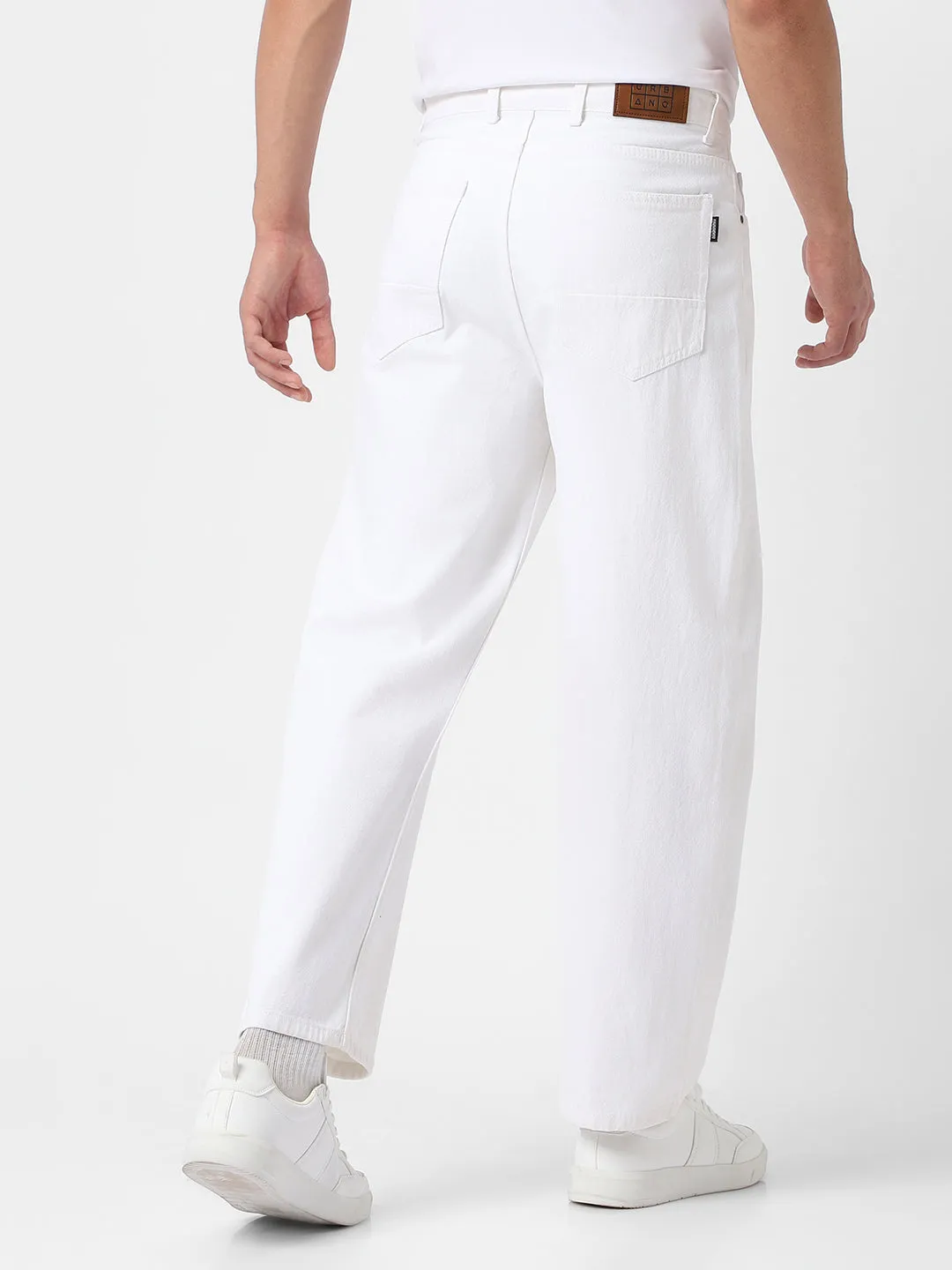 Men's White Loose Baggy Fit Washed Jeans Non-Stretchable