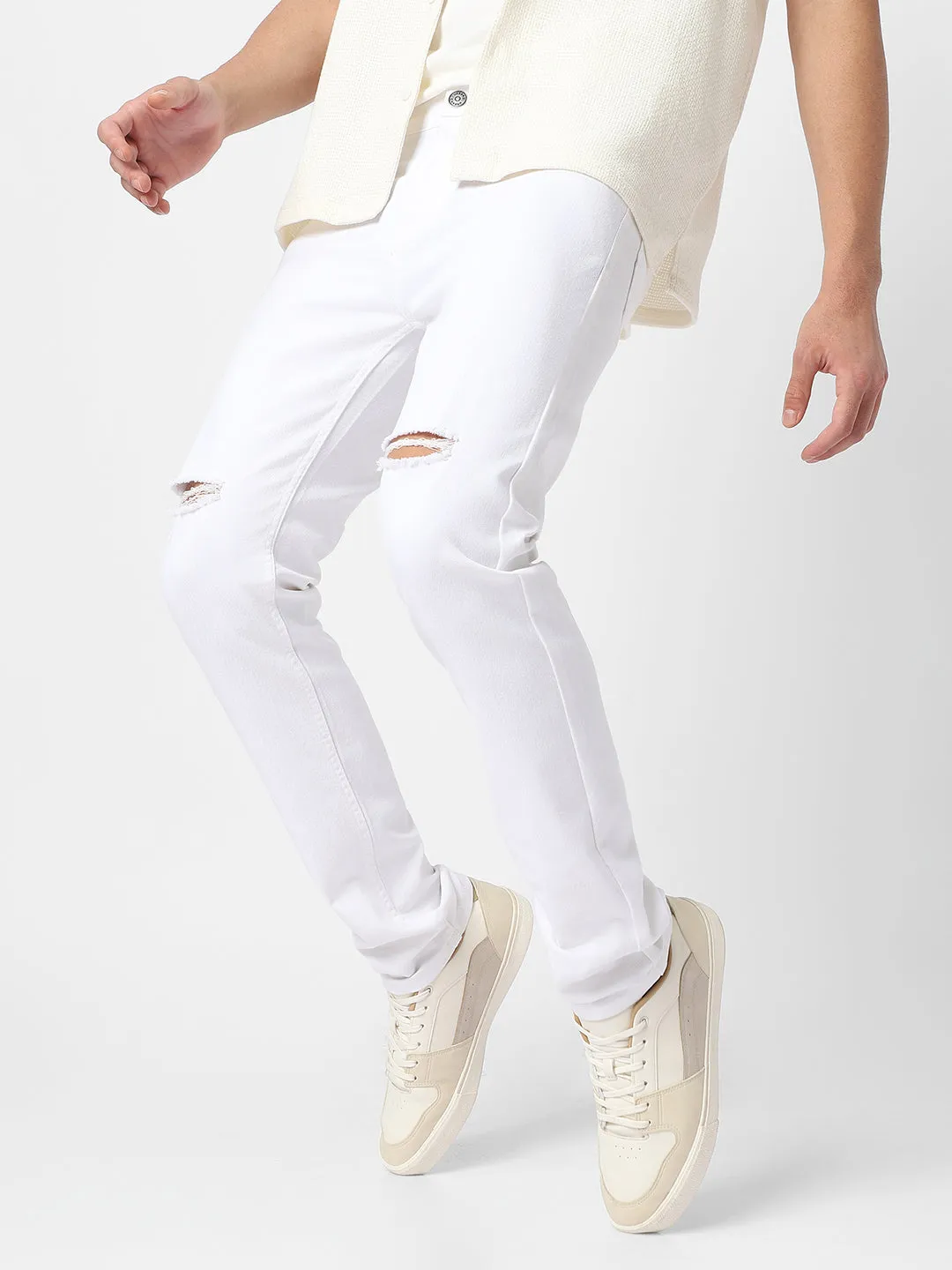 Men's White Slim Fit Knee Slit Distressed Jeans Stretch