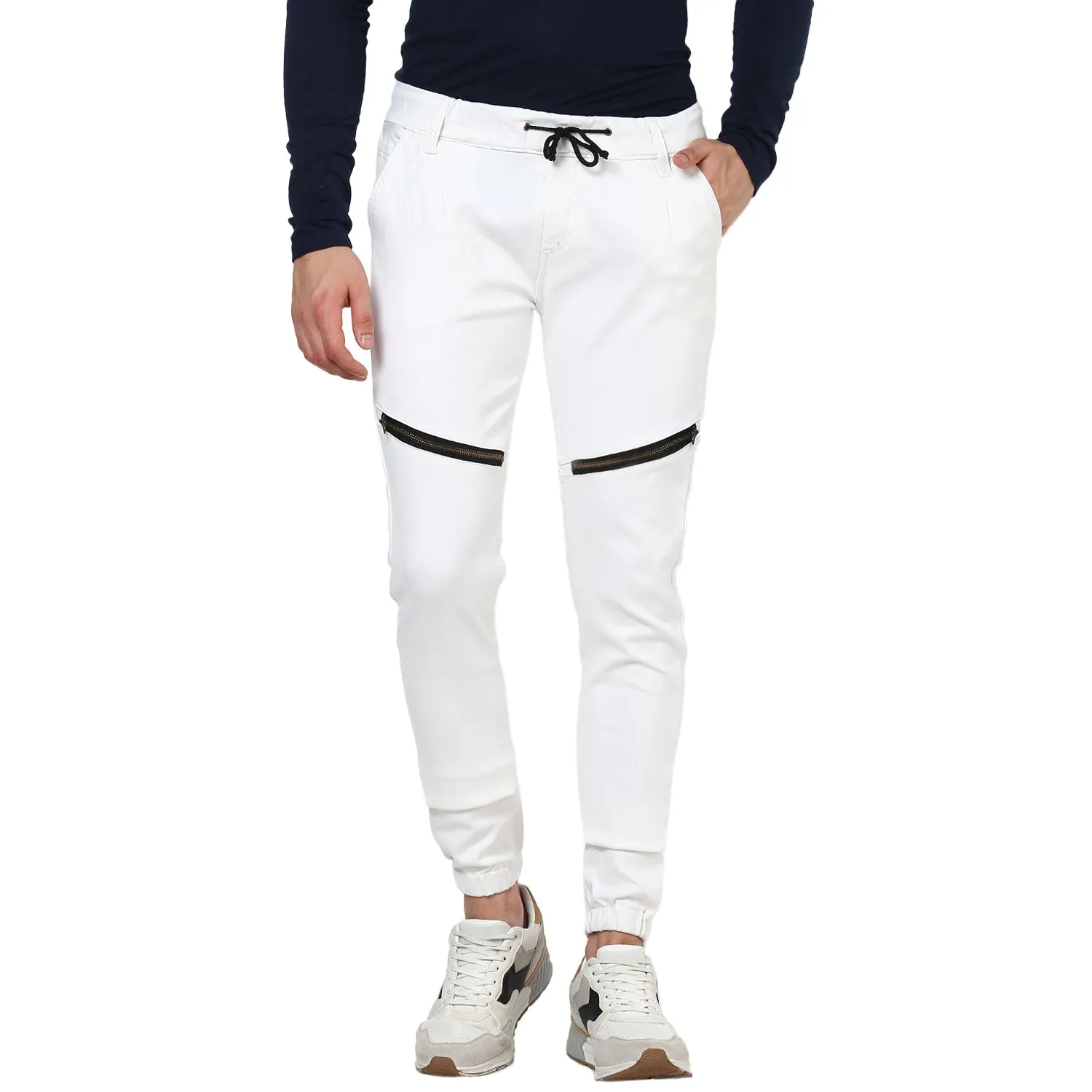 Men's White Slim Fit Zippered Jogger Jeans Stretch