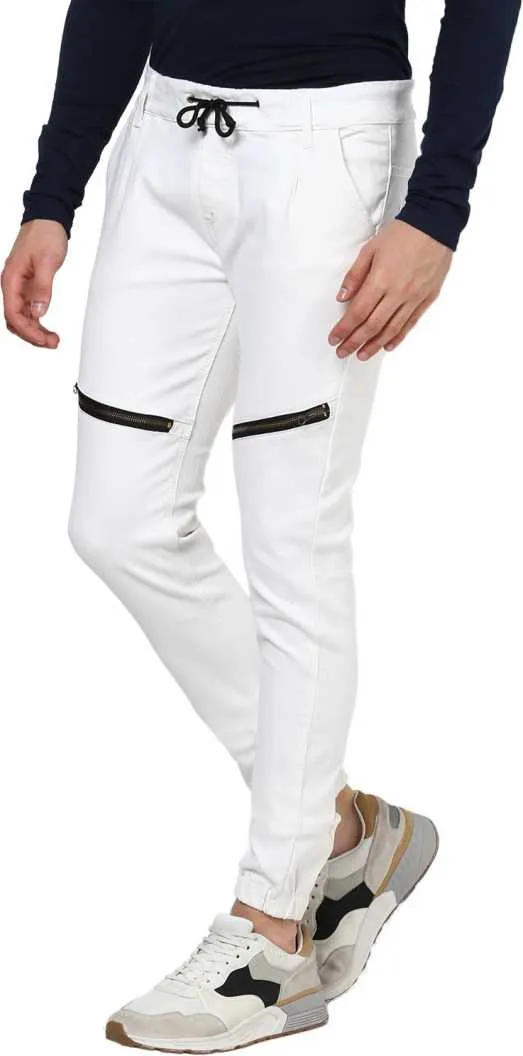 Men's White Slim Fit Zippered Jogger Jeans Stretch