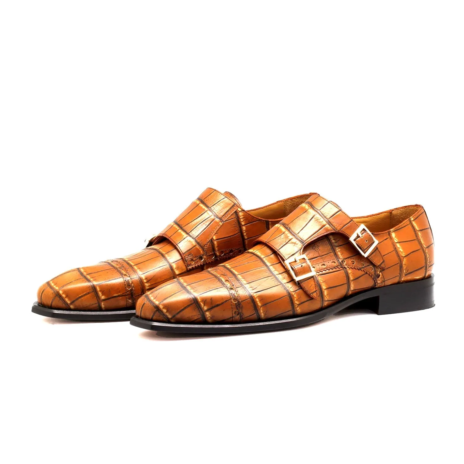 Mister Flix 40418 Men's Shoes Brown Crocodile Print Leather Monk-Straps Loafers (MIS1130)