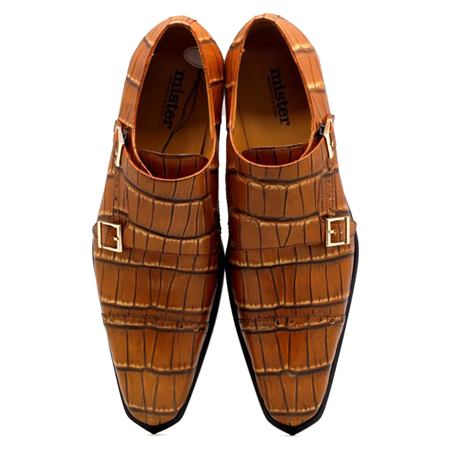 Mister Flix 40418 Men's Shoes Brown Crocodile Print Leather Monk-Straps Loafers (MIS1130)