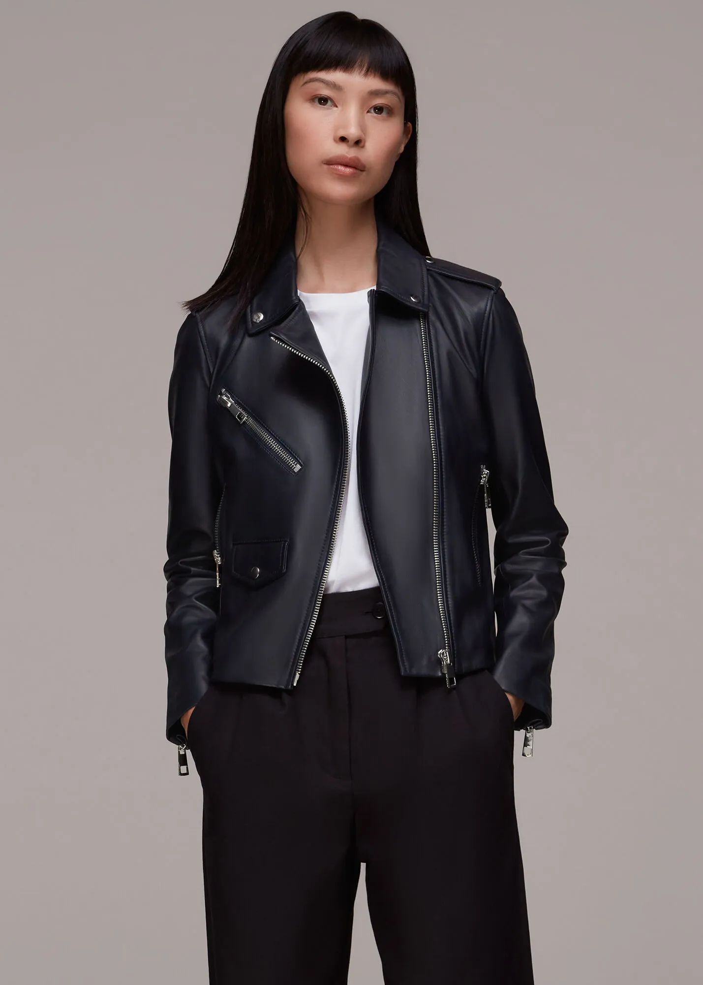 Navy Agnes Pocket Leather Jacket