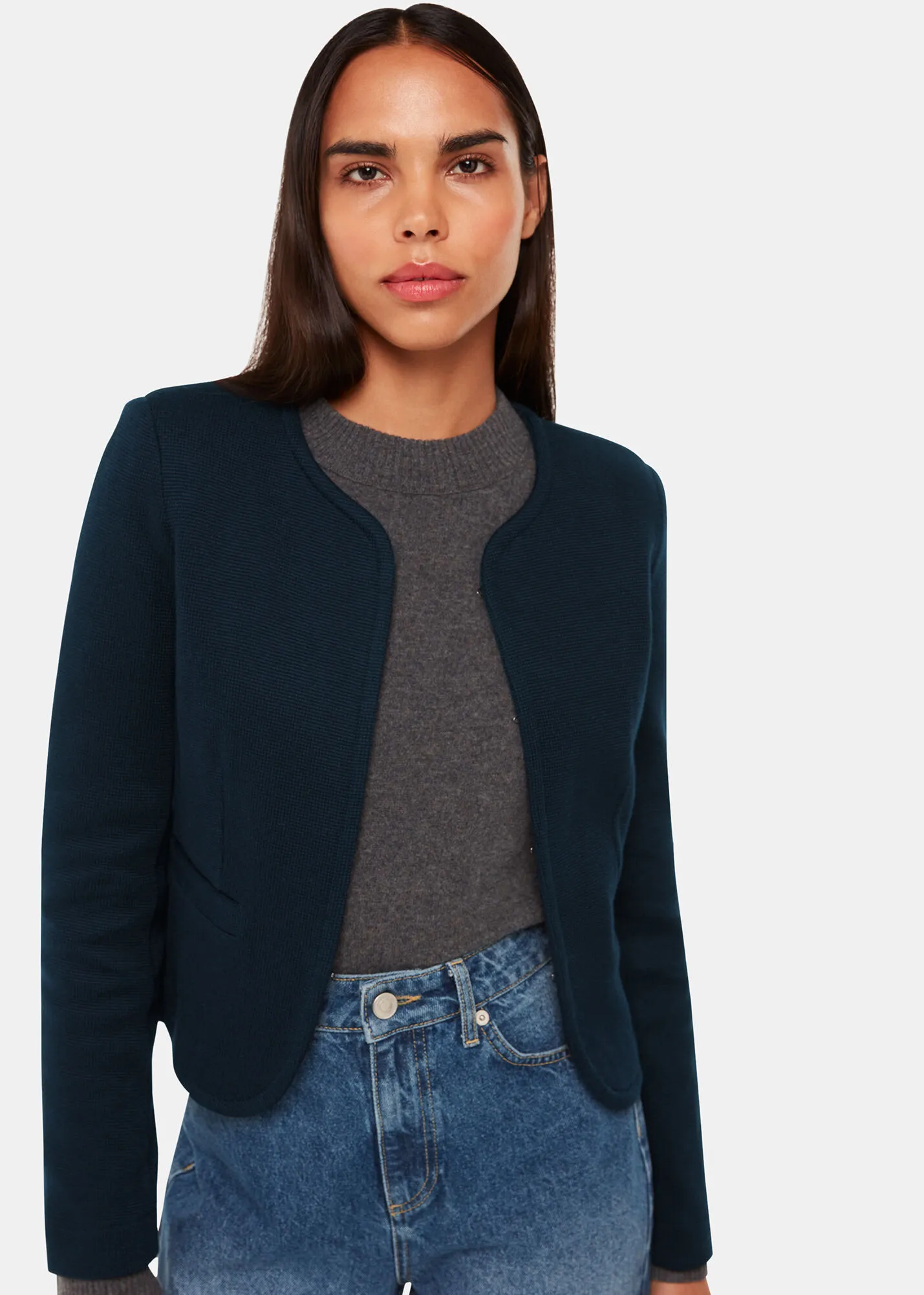 Navy Collarless Jersey Jacket