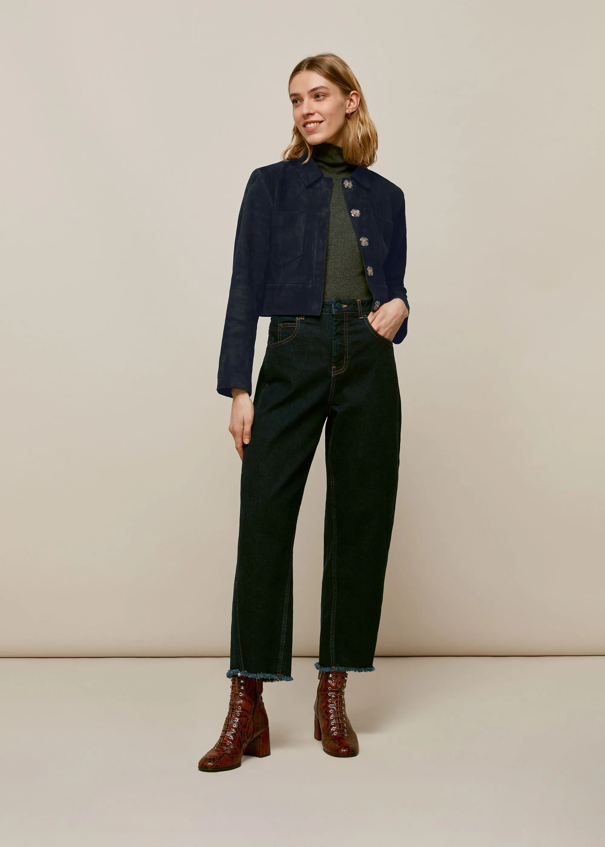 Navy Selena Cropped Suede Jacket