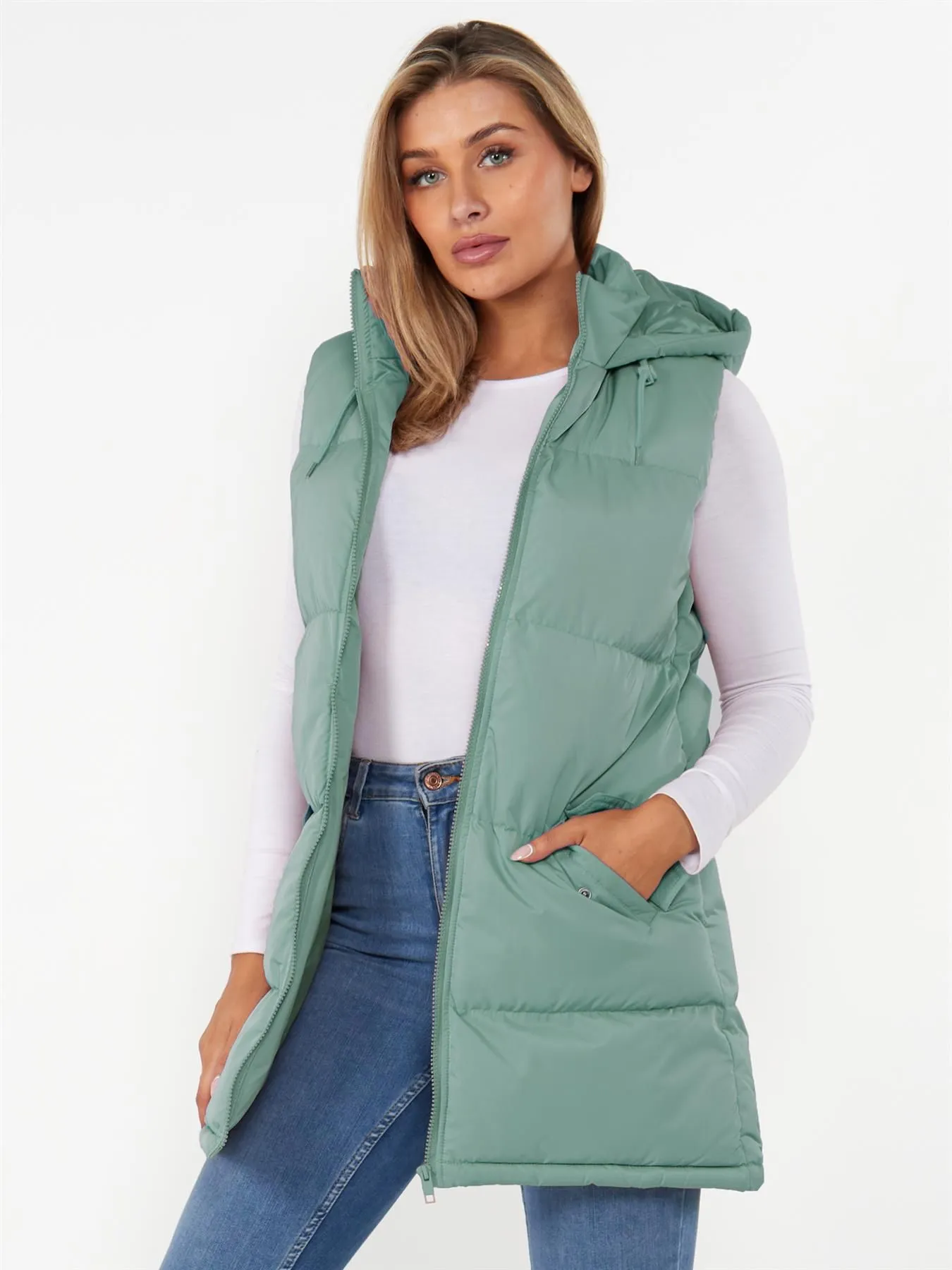 Padded Puffer Mid Length Gilet, Light Sage, UK Sizes 8 to 16