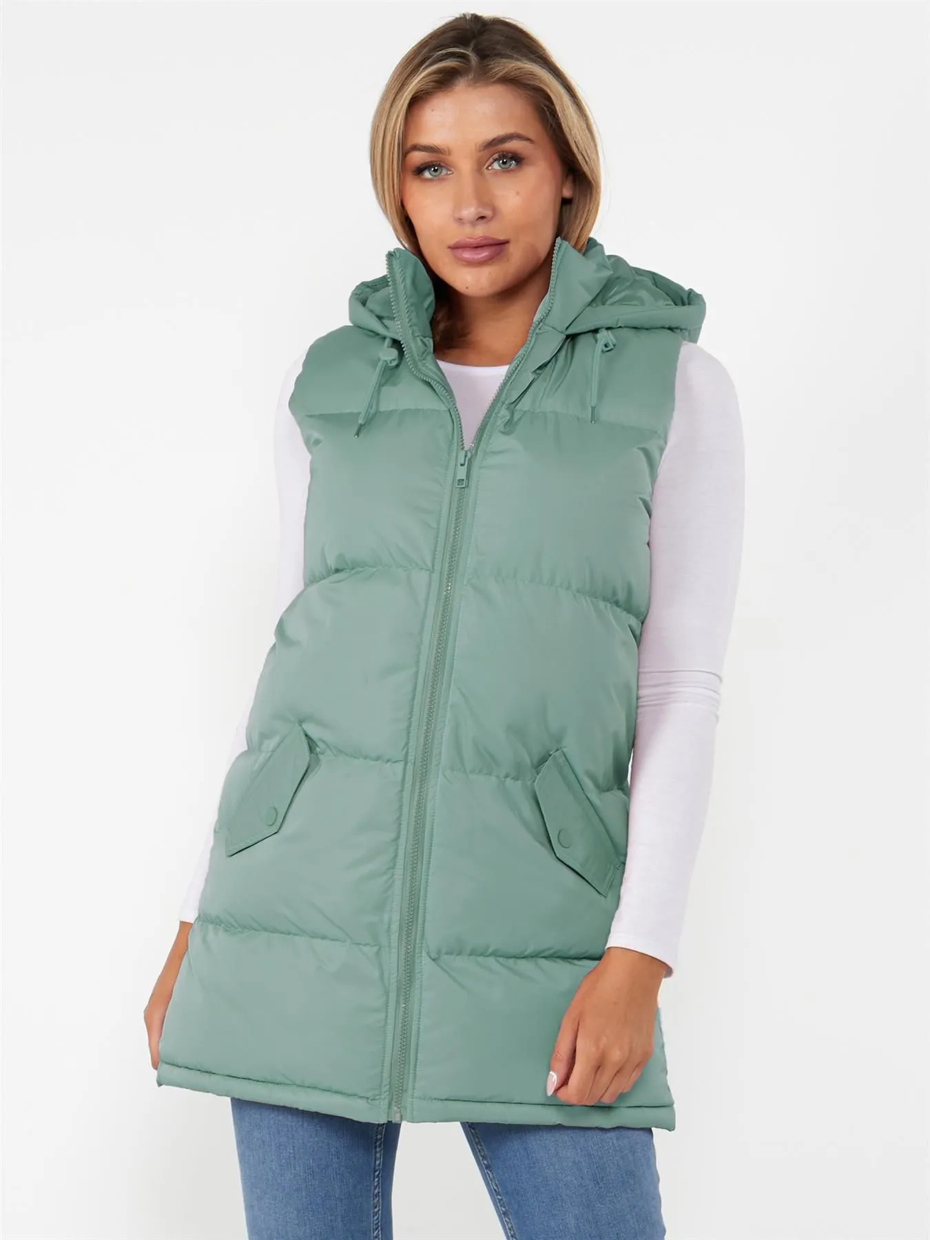 Padded Puffer Mid Length Gilet, Light Sage, UK Sizes 8 to 16